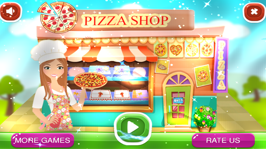 Pizza Making: Cooking game - Main menu of the Pizza Making cooking game featuring a cartoon girl chef and a colorful pizza shop storefront