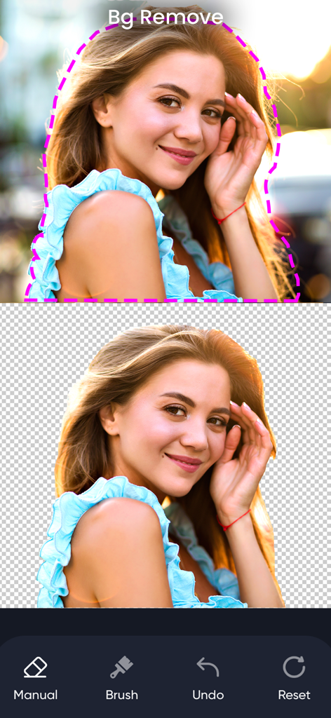 Erase Objects: Remove Object - A before and after comparison of the background removal feature showing a woman with a transparent background