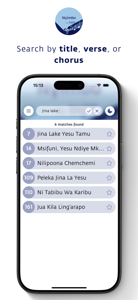 Nyimbo za Injili (MPYA) - Screenshot of the search feature in the Nyimbo za Injili gospel song app showing a list of Swahili hymns
