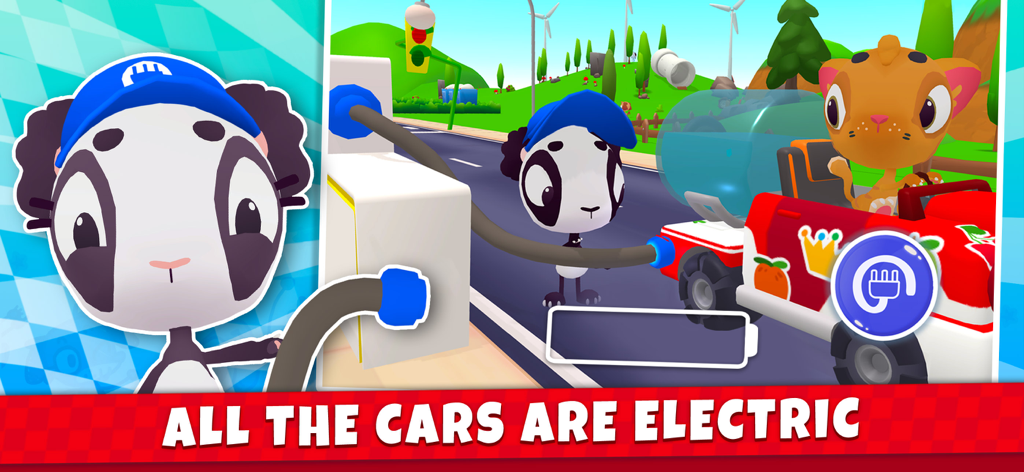 Puppy Cars - Games for Kids 3+ - A cartoon puppy charging a red electric car in a bright outdoor setting.