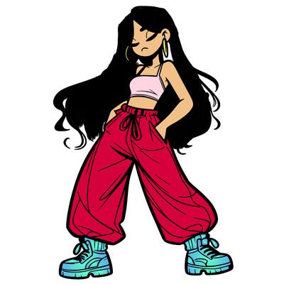 girl in baggy pants crop top and long hair