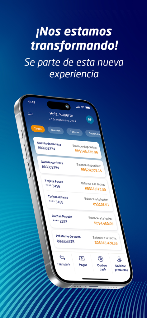 Panel de banca móvil de Banco Popular Dominicano mostrando saldos de cuentas en pesos y dólares