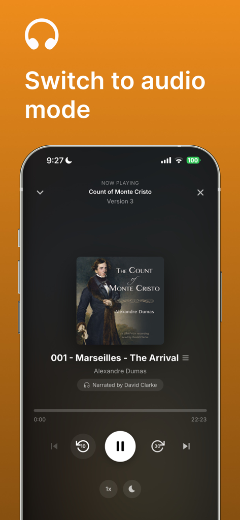 Lex Reader - Lex Reader app showing the audiobook player interface for The Count of Monte Cristo by Alexandre Dumas