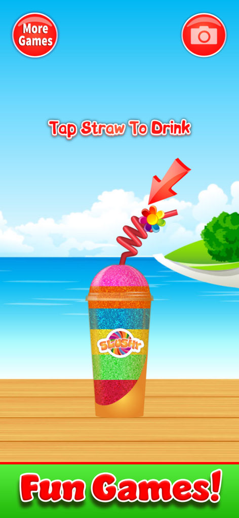 Slushy em camadas arco-íris com um canudo enrolado e instruções de bebida