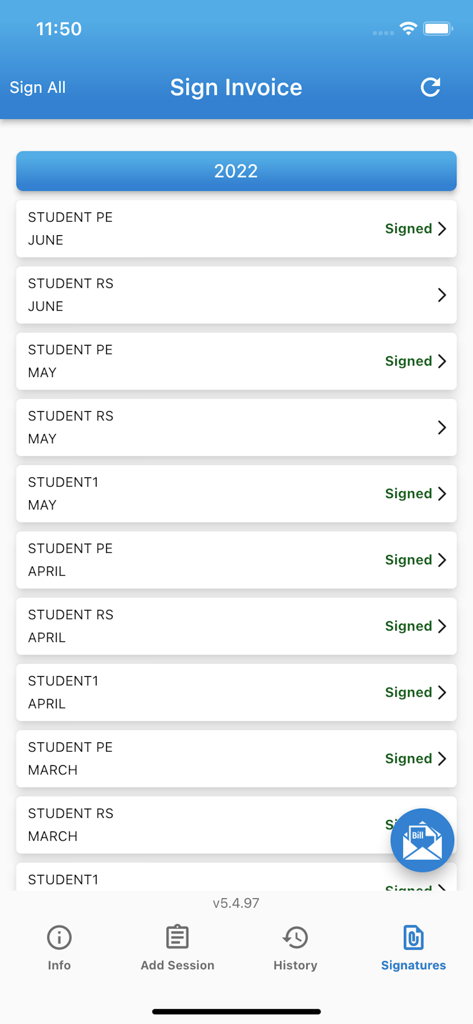 Un elenco delle sessioni degli studenti e il loro stato della firma per la fatturazione nell'app DRAGON Special Ed.