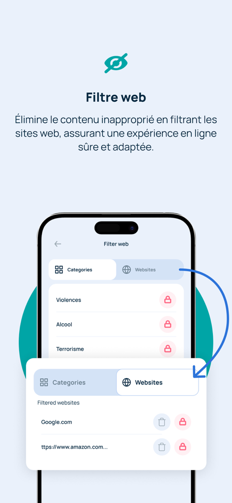 Kidcare : Contrôle parental - Interfaz de la aplicación móvil Kidcare que muestra funciones de filtrado web para bloquear sitios web y categorías inapropiadas para niños