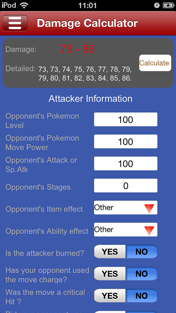 PokeTools Damage Calculator interface with attacker stats and move results
