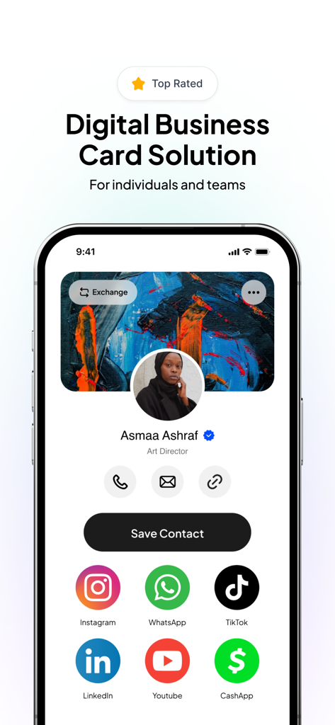Tap - Digital Business Card - User profile screen of the Tap app featuring social media icons and a save contact button