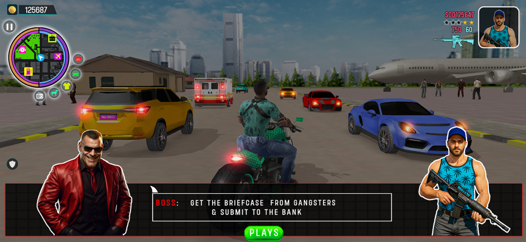 Gangster Game City Crime Sim - Captura de pantalla del juego Gangster Game City Crime Sim que muestra a un personaje en una motocicleta con una misión para recuperar un maletín en un entorno de ciudad de mundo abierto.