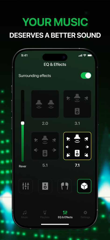 Music Equalizer - Tuner Boost - Una pantalla de smartphone que muestra opciones de configuración de sonido envolvente para una aplicación de ecualizador de audio, incluyendo configuraciones de audio espacial 2.0, 3.1, 5.1 y 7.1.