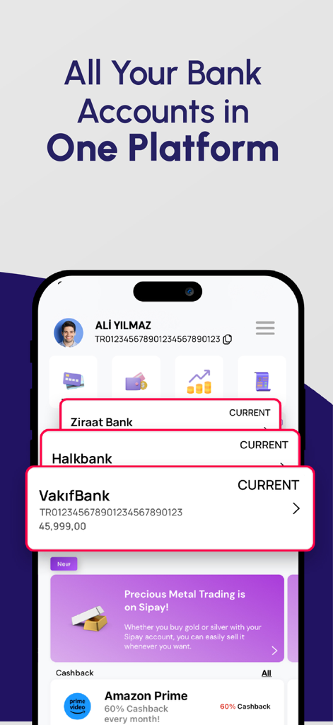 Sipay - Interfaz de la aplicación móvil Sipay que muestra múltiples cuentas bancarias turcas conectadas en una plataforma.