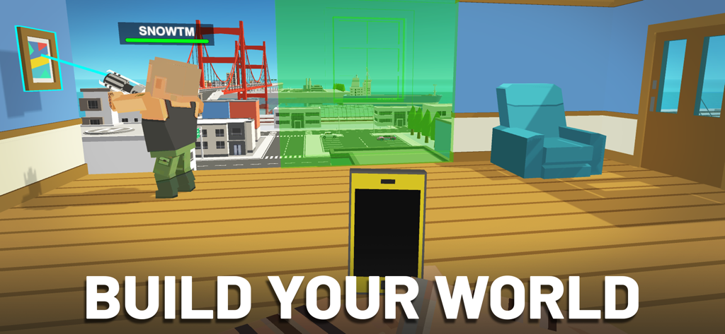 Simple Sandbox 2 - 캐릭터가 레이저 도구로 가상 세계를 건설하는 Simple Sandbox 2의 게임 플레이 스크린샷