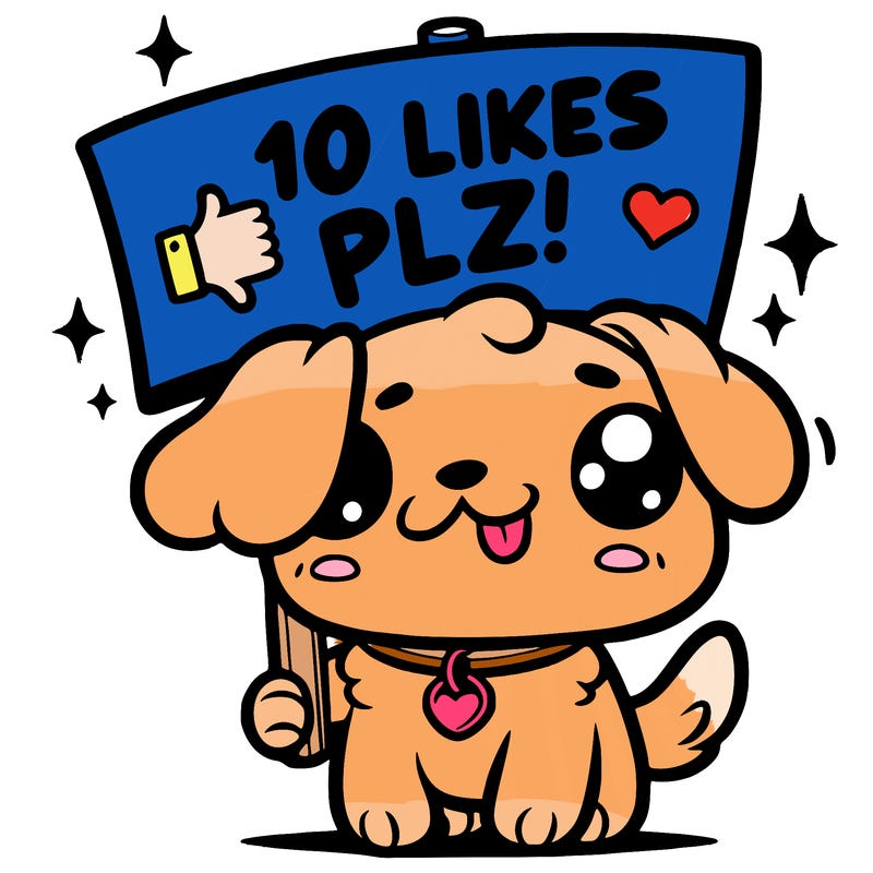 cute dog holding up a sign saying 10 likes plz!
