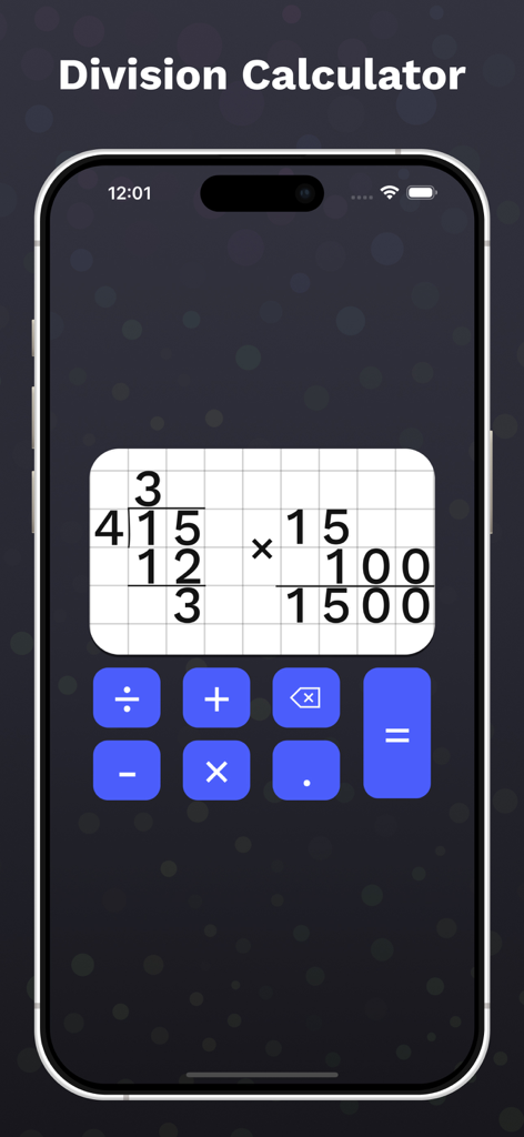 Interfaz de Division Calculator Pro mostrando pasos de división larga y multiplicación