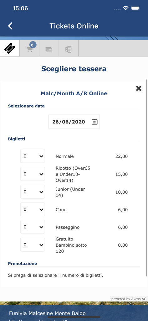 Bildschirm zur Auswahl von Online-Tickets für die Funivie del Baldo Seilbahn mit verschiedenen Preiskategorien.