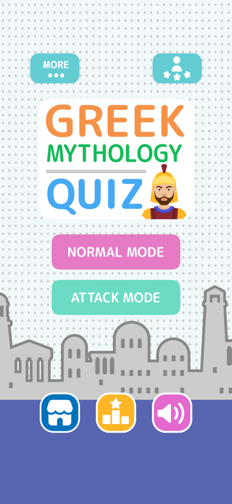 Startbildschirm der App "Griechische Mythologie Quiz" mit Buttons für Normalmodus und Angriffsmodus