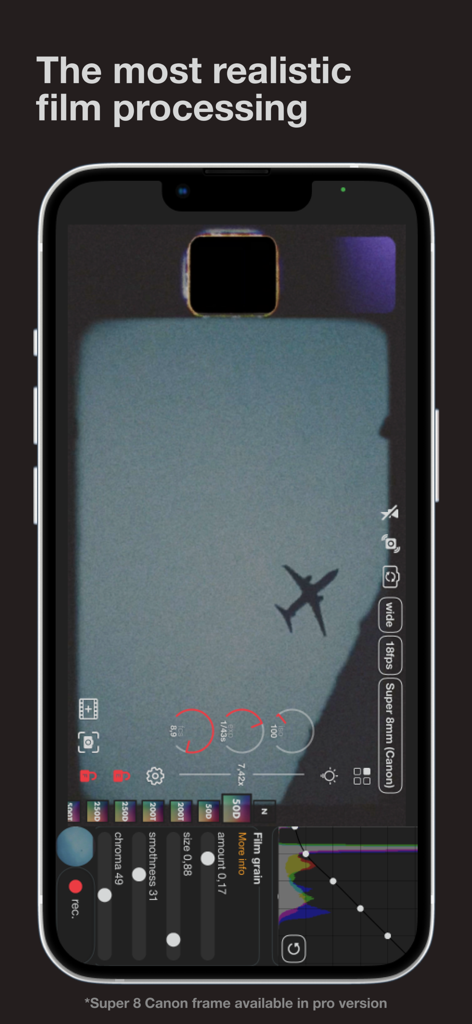 Super 16 app interface displaying realistic film processing and professional manual camera controls.