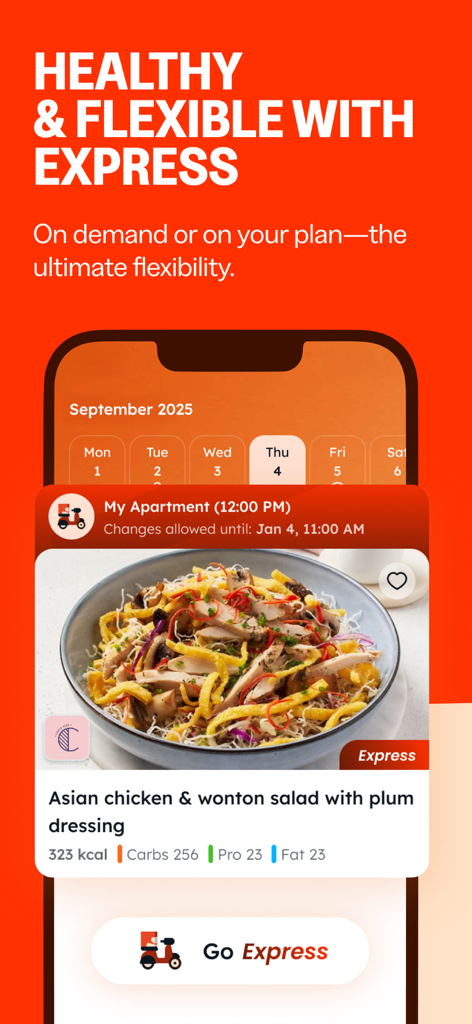 Right Bite - Right Bite App-Bildschirm mit gesunden Mahlzeitenlieferoptionen und Expresslieferfunktionen nach Bedarf.