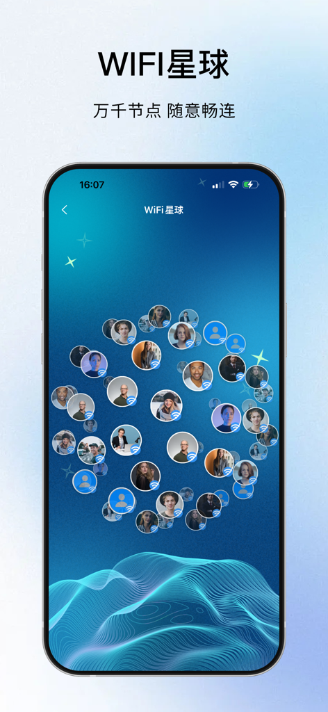 Uno schermo mobile intitolato WiFi Planet che visualizza una rete di icone di profili utente che rappresentano hotspot globali e membri della community.