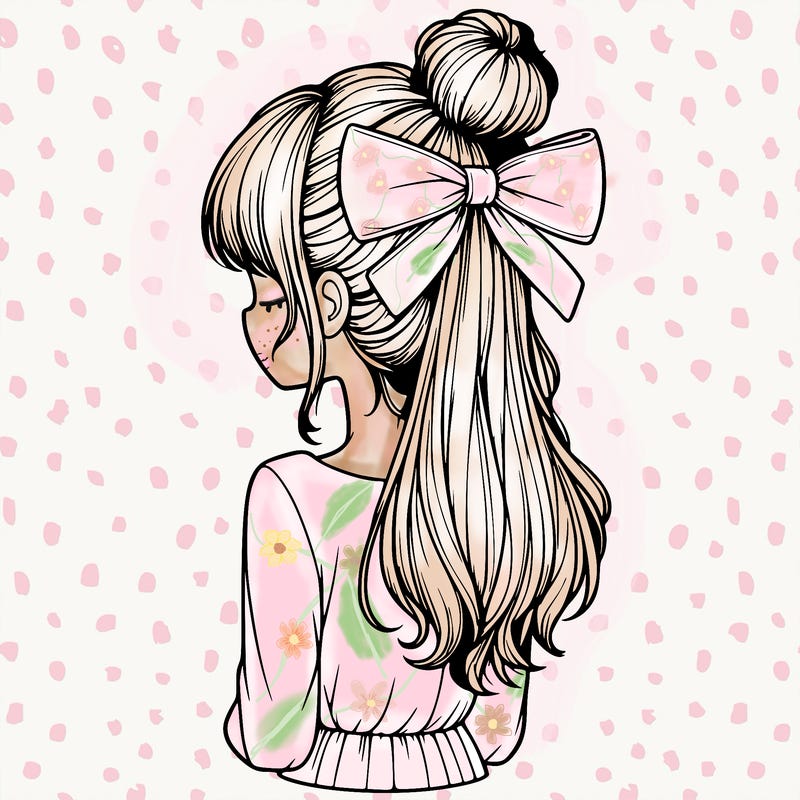 realistic girl  with hip length hair a bun and a big bow on the back of head