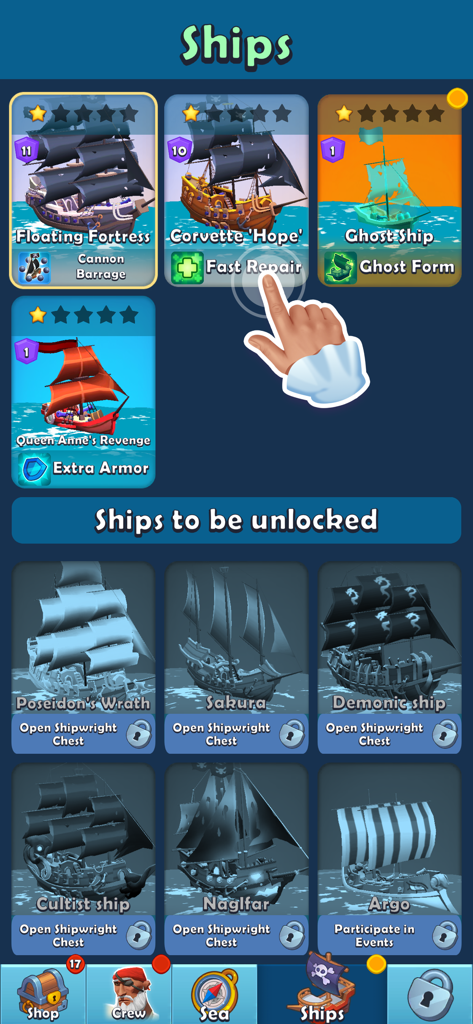 Pirate Raid: Caribbean Battle - Un écran de menu de Pirate Raid montrant différents navires pirates disponibles à la sélection et à l'amélioration avec une liste de navires verrouillés en dessous