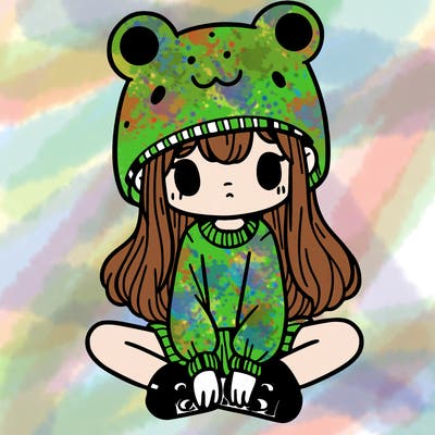 a girl wearing a frog hat and some frog socks
