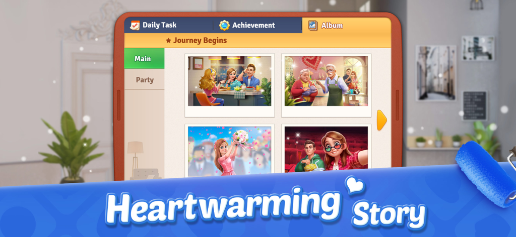 Game screenshot of an in-game photo album showcasing different character memories and the heartwarming storyline