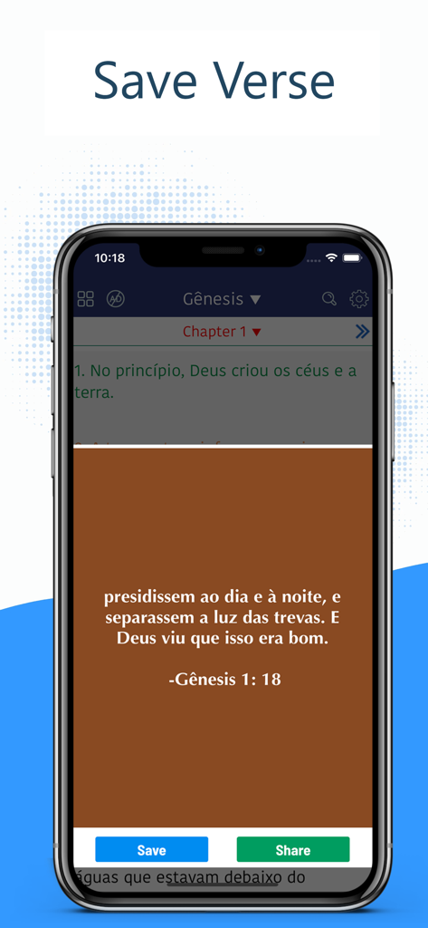 A mobile app interface displaying a Catholic Bible verse from Genesis on a stylized card with options to save or share.