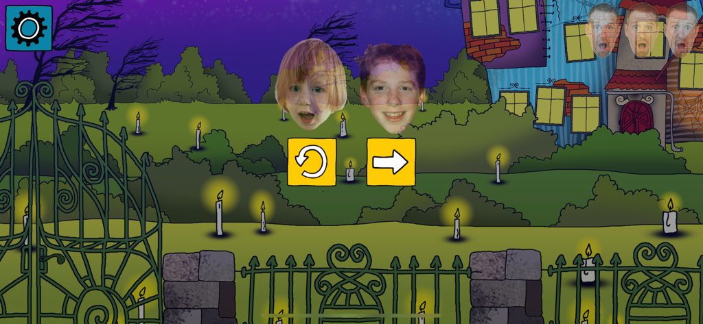 Steve and Maggie Halloween game screen with spooky garden and navigation buttons