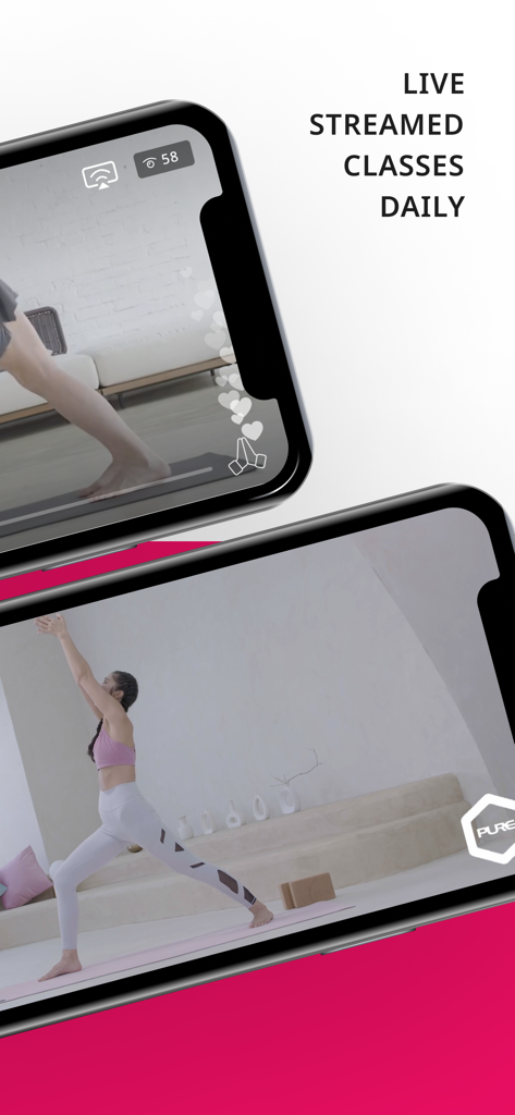 PURE360生活平台-专业瑜伽健身训练 - Aplicación PURE360 mostrando clases de yoga transmitidas en vivo en teléfonos inteligentes