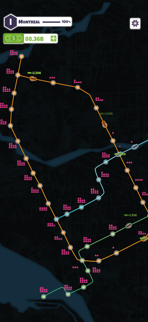 Subway Connect: Idle Metro Map - Ein minimalistischer Gameplay-Bildschirm von Subway Connect, der ein fertiges U-Bahn-Netz in Montreal mit farbenfrohen Zuglinien und Stationssymbolen zeigt