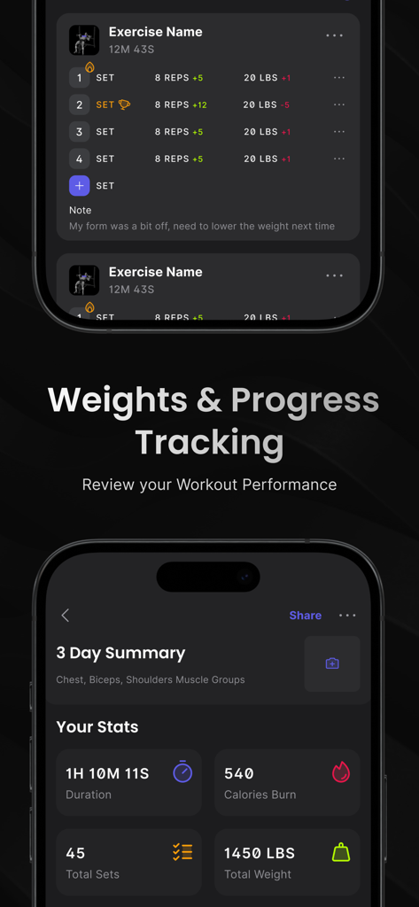Coachify AI app interface showing weights and progress tracking with workout performance statistics