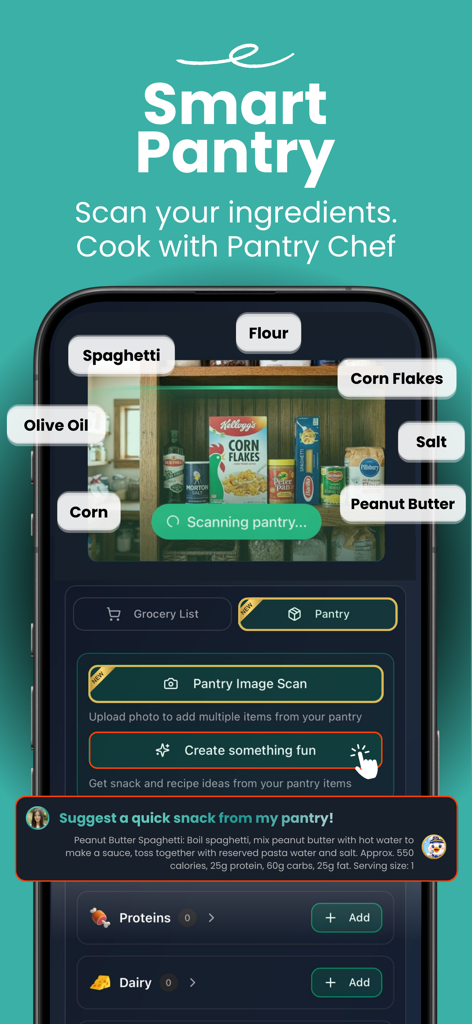 Meal Ark: AI Meal Planner - Meal Ark app interface showing the Smart Pantry feature scanning kitchen ingredients to generate AI recipe suggestions
