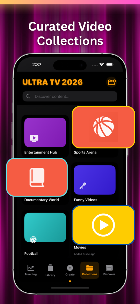 Ultra TV 2026 - 스마트폰에 Ultra TV 2026 앱이 표시되며, 스포츠 아레나 및 다큐멘터리 월드와 같은 추천 동영상 컬렉션 카테고리가 그리드 레이아웃으로 표시됩니다.