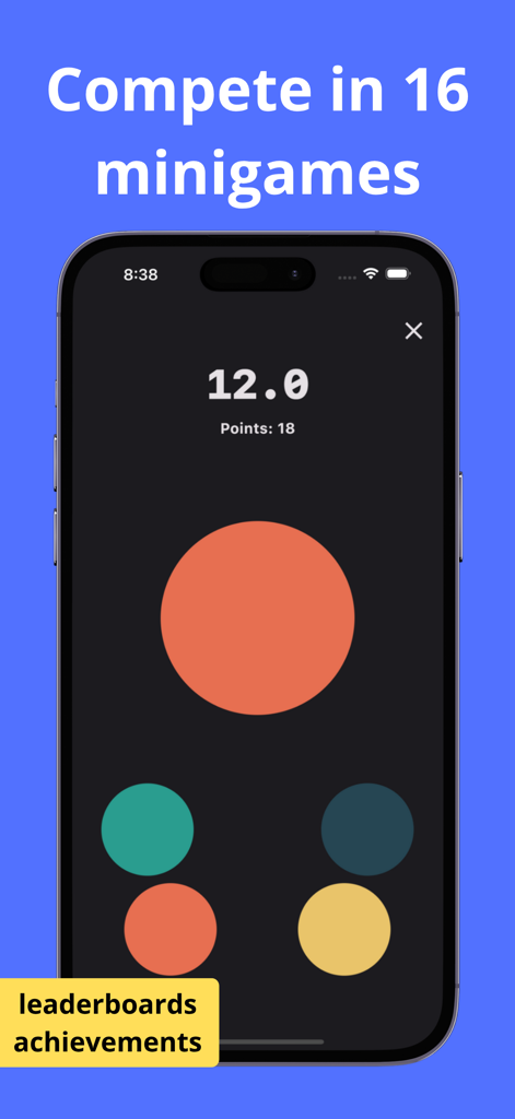 RTap App-Screenshot, der ein Reaktions-Trainings-Minispiel mit bunten Kreisen und einem Punkt-Tracker zeigt