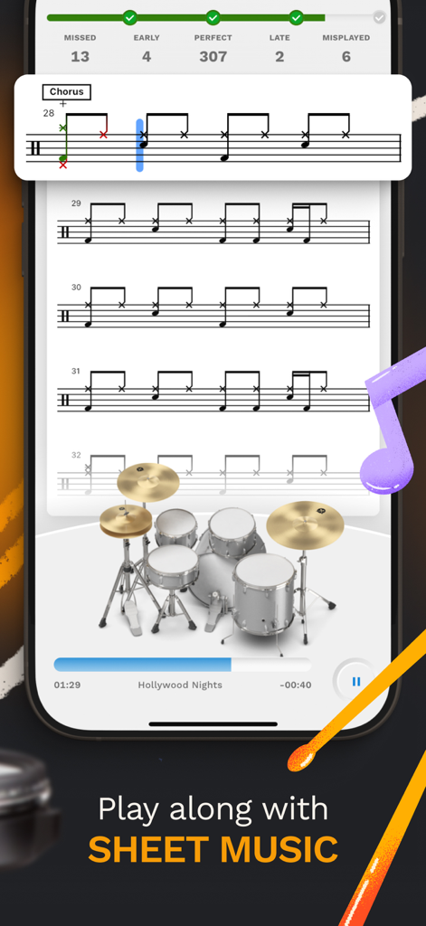 Beatlii: Drum Lessons - Beatlii app interface showing drum sheet music and real-time performance feedback