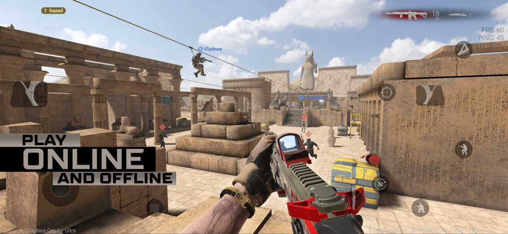 Combat Master Mobile - Vista in prima persona del gameplay di Combat Master Mobile su una mappa egizia antica che mostra le modalità online e offline.