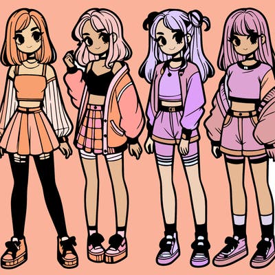 one girl with crop-top shirt and a jacket with a skirt, long socks and another girl with a shirt and pants with a jacket