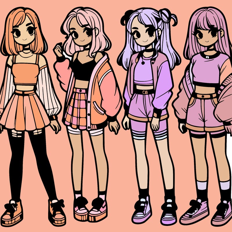 one girl with crop-top shirt and a jacket with a skirt, long socks and another girl with a shirt and pants with a jacket