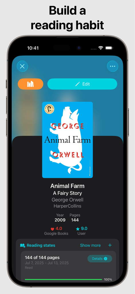 Book Tracker: Bookshelf log - Book Tracker interface showing reading progress and book details for Animal Farm
