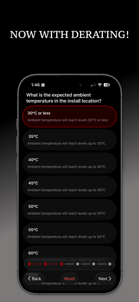 Ambient temperature selection screen for electrical derating calculations