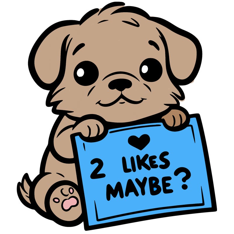a puppy holding a sign that says 2 likes maybe?