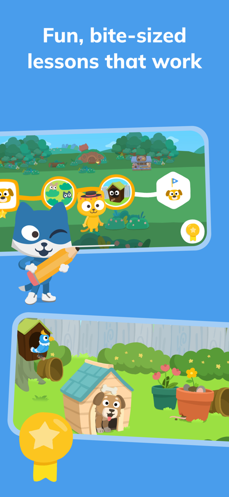 Learn Spanish – Studycat - Interfaz de la app de aprendizaje de español Studycat para niños que muestra lecciones cortas y coloridos personajes animales.