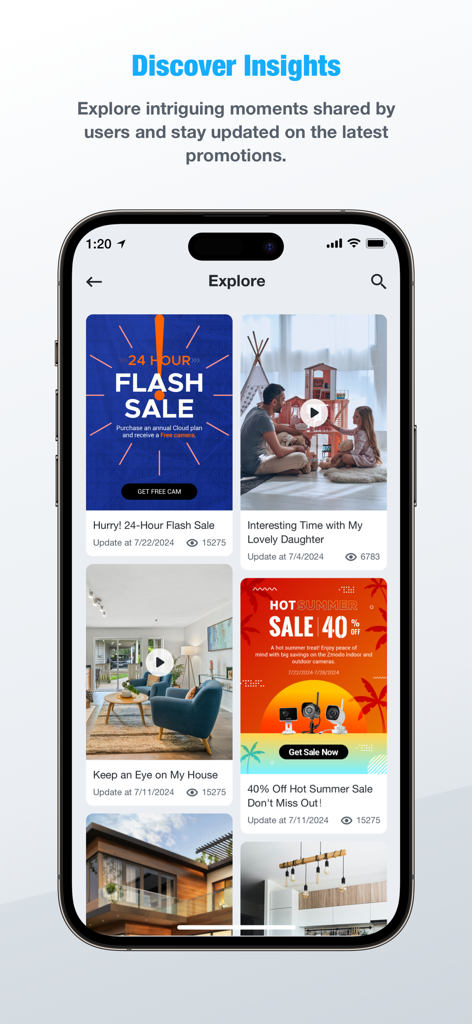 Smartz Eaze - Smartz Eaze app Explore screen displaying community insights and device promotions.