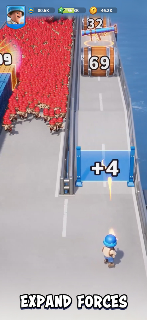 Juego de Top War Battle Game mostrando a un soldado disparando a través de una puerta multiplicadora para expandir fuerzas en un puente