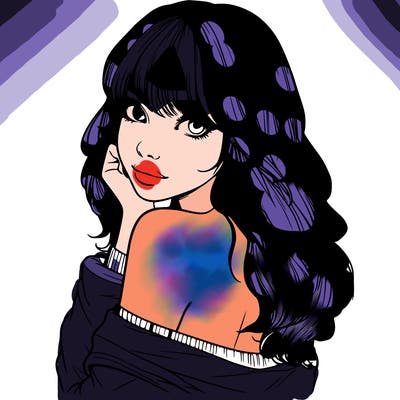 realistic girl with bangs looking over her shoulder