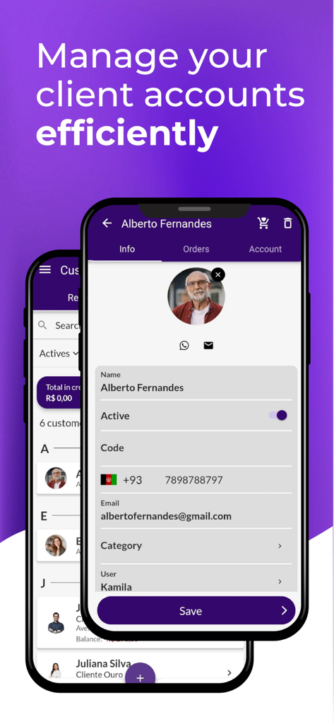 Jarbas: POS, Sales & Stock - 소규모 비즈니스 POS 시스템을 위한 고객 프로필 및 연락처 정보가 포함된 고객 관리 기능을 보여주는 모바일 앱 화면