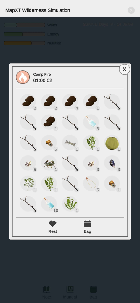 MapXT - MapXT app wilderness survival simulation interface showing inventory items and a campfire timer