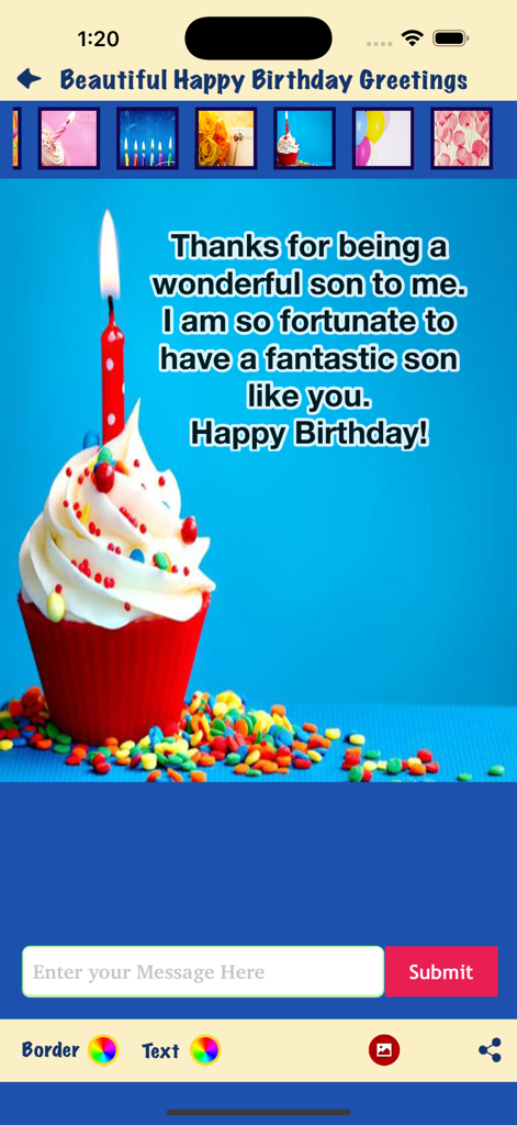 Birthday greeting card editor interface with a cupcake and message for a son