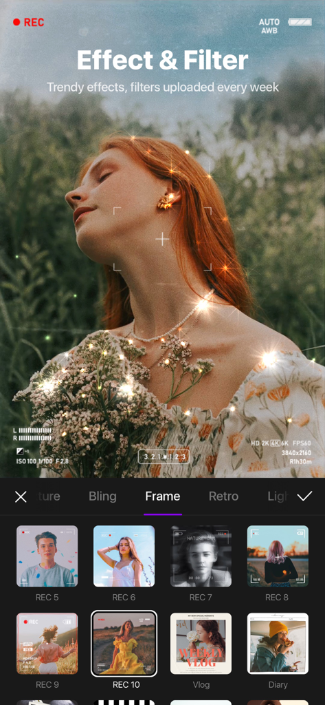 Interface do aplicativo VITA mostrando efeitos de brilho estéticos e filtros de vídeo em um retrato cinematográfico